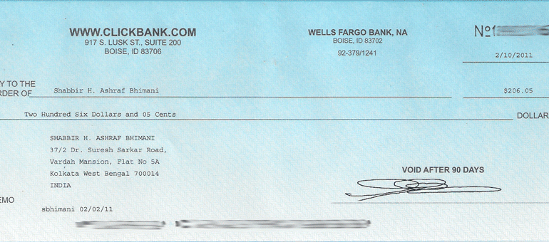 206 USD Clickbank Cheque in India
